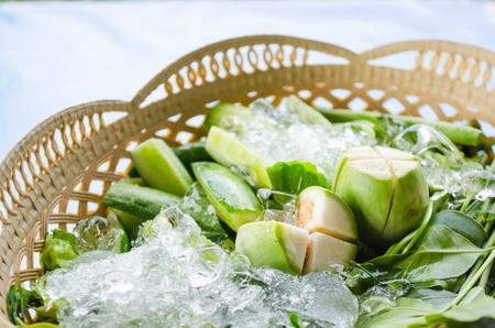 many kind of vegetable in basket with iceの写真素材