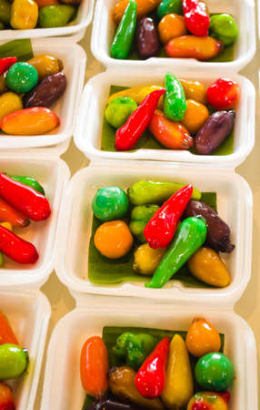 close up of thai dessert made of soy in fruit formの写真素材
