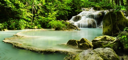 erawan waterfall natioanl park in thailandの写真素材