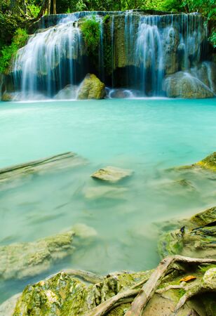 erawan waterfall natioanl park in thailandの写真素材