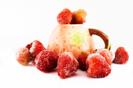 frozen strawberry in strawberry cupの写真素材