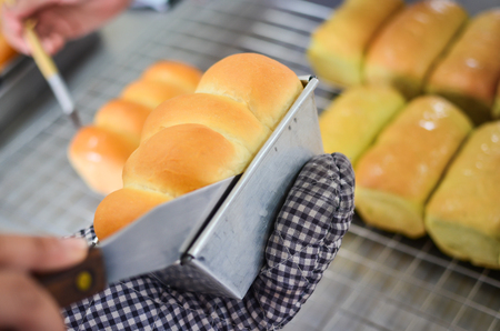 a baker removing baked bread from the blockの写真素材