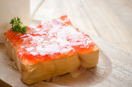 close up of a fancy toast topping with strawberry jamの写真素材