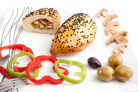 Pate stuffed with Mashroom with olive in white dishの写真素材