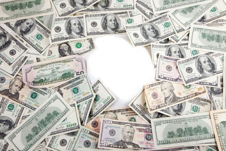 blank area of hundreds dollars banknotes close-up isolated on whiteの写真素材