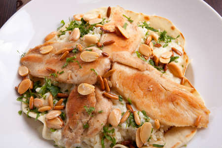 juicy grilled breasts chicken fillet with nutsの写真素材