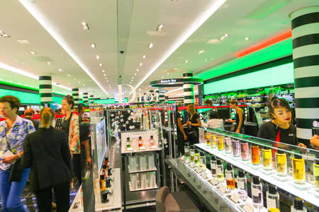 PARIS, FRANCE - February 20: The : inside part of the famous Mall Lafayette with it's brand stands Saint Laurent, Jean Paul Gaultier, Lancome and customersのeditorial素材