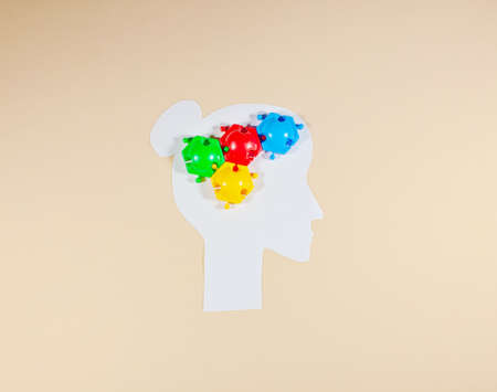 women's thoughts in the ear. idea of ââbrain activity. paper head with puzzlesの写真素材