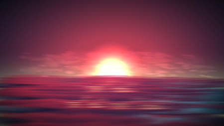 Sea sunset vector background. Romantic landscape with red sky on ocean. Abstract summer sunrise viewのイラスト素材