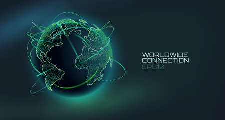 Worldwide connection abstract vector globe. Telecommunication technology line with trajectory of information data. USA to Europe streamのイラスト素材