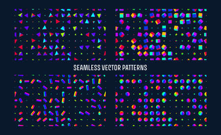 Seamless geometric 3d simple primitives vector background. 3d boxes, tubes, spheres and trianglex spin grid. Minimal backgroundのイラスト素材