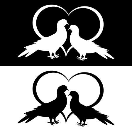 Monochrome silhouette of two doves and a heart. Vector-art illustrationのイラスト素材