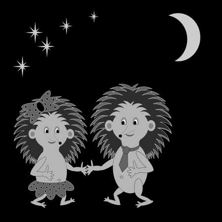 A couple of funny cartoon hedgehogs dating in the night.のイラスト素材