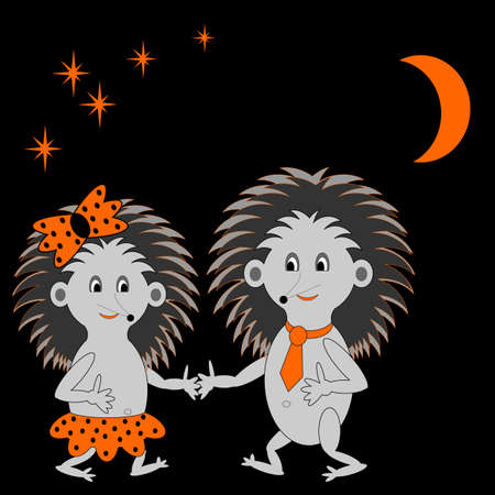 A couple of funny cartoon hedgehogs dating in the night. のイラスト素材