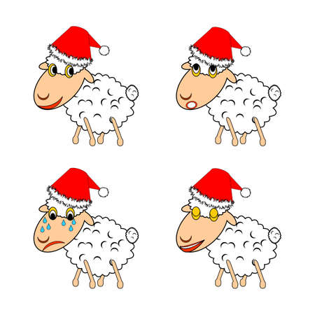 A funny Christmas sheep expressing different emotions. Vector-art illustration on a white backgroundのイラスト素材
