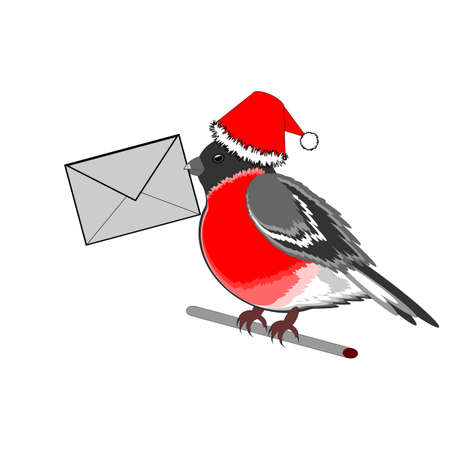 A Christmas bullfinch with a letter in his beak. Vector-art illustration on a white backgroundのイラスト素材