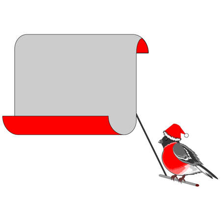 A Christmas bullfinch with a big blank paper for congratulations. Vector-art illustration on a white backgroundのイラスト素材