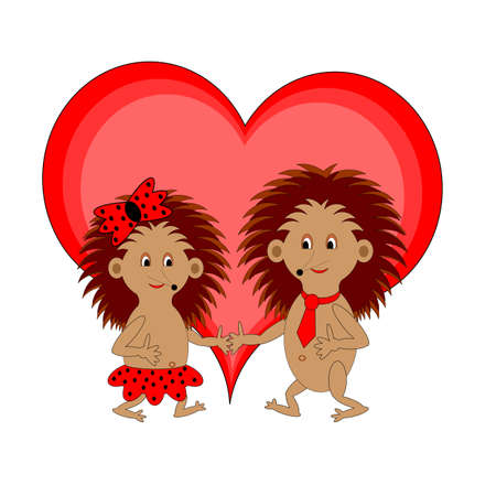 A couple of funny cartoon hedgehogs with a red heart. Vector-art illustration on a white backgroundのイラスト素材