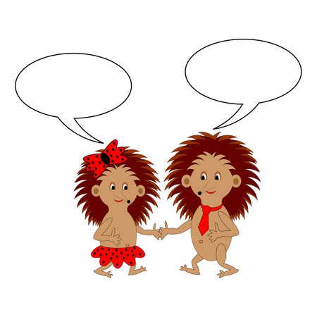 A couple of funny cartoon hedgehogs with dialog bubbles.のイラスト素材
