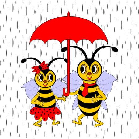 A couple of funny cartoon bees under red umbrella in the rain.  のイラスト素材