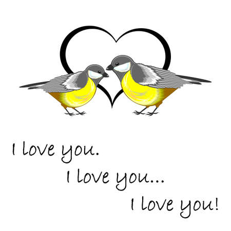A couple of cute titmice with a heart and words "I love you". Valentine's Day postcard. Vector-art illustration on a white backgroundのイラスト素材