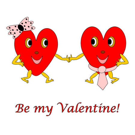 Two funny cartoon hearts. A man and a woman in love. Valentines day postcard. Vector-art illustration on a white backgroundのイラスト素材