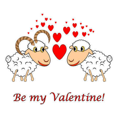 A sheep and a ram in love with text "Be my Valentine". Valentine's Day postcard with hearts. Vector-art illustration on a white backgroundのイラスト素材