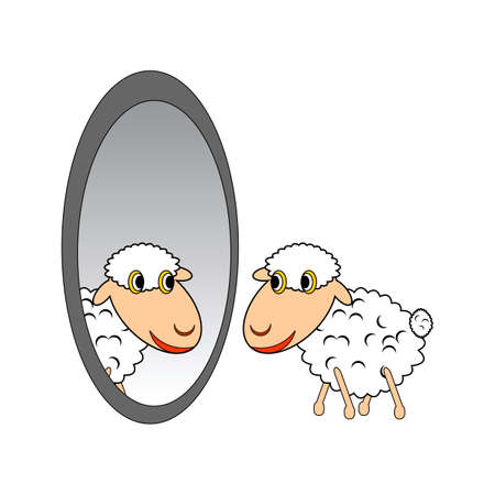 A funny cartoon sheep looking at itself in a mirror. Vector-art illustrationのイラスト素材