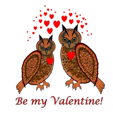 A couple of owls with red hearts and words "Be my valentine". Design Valentines Day card. のイラスト素材