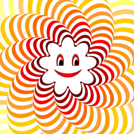 Cartoon smiling sun. Colorful striped twisting background. のイラスト素材