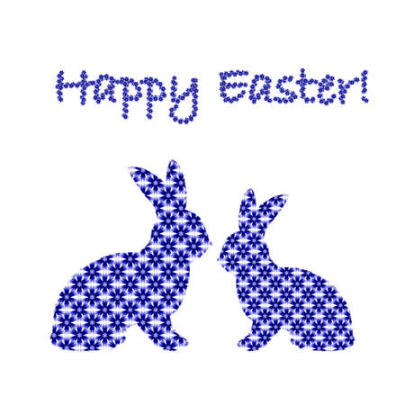 Silhouette of two Easter bunny rabbits decorated with cornflower floral patternのイラスト素材