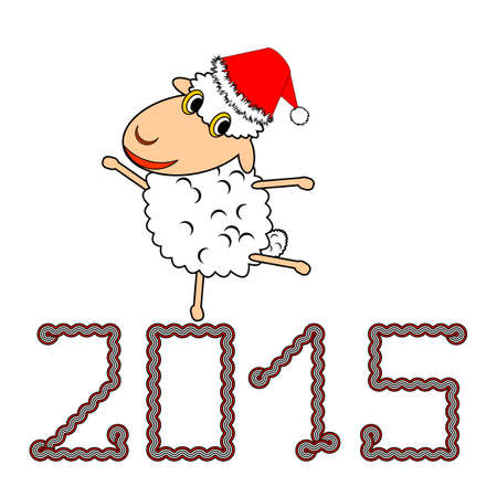 A funny Christmas cartoon sheep. New Year 2015 and Christmas postcard. Vector-art illustration on a white backgroundのイラスト素材