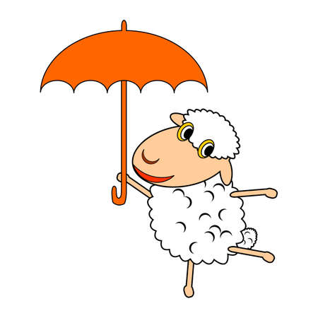 A funny cartoon sheep with an umbrella. Vector-art illustration on a white backgroundのイラスト素材