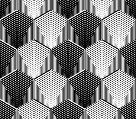 Design seamless monochrome hexagon geometric pattern. Abstract striped zigzag background. Vector art. No gradientのイラスト素材