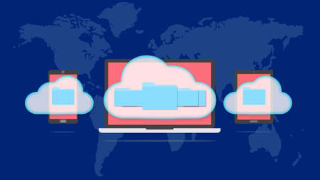 Devices of smart phone, tablet and laptop with folders in the cloud. Cloud storage concept.