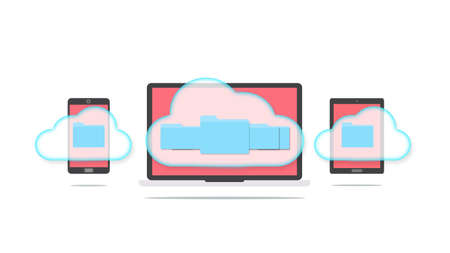 Devices of smart phone, tablet and laptop with folders in the cloud. Cloud storage concept.
