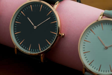 Wrist watch collection on a wooden backgroundの写真素材