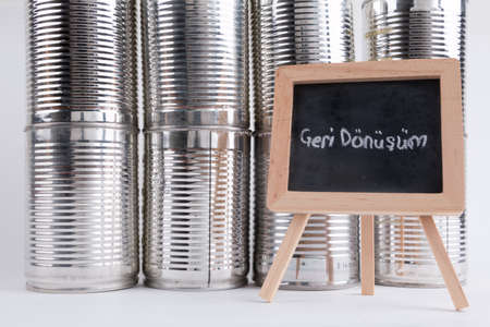 Recycle products and materials with text Geri Donusum (Turkish translation of Recycle) on blackboardの写真素材