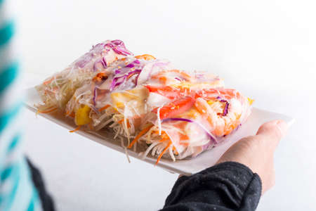 Vietnamese spring-roll on a white plate on a white background
