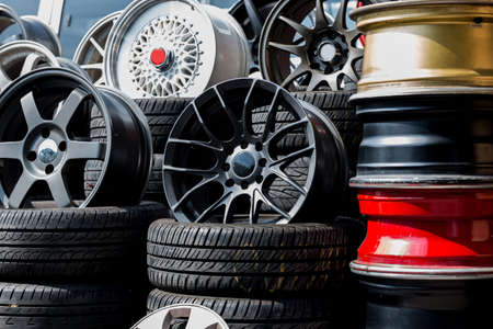 Car sport rims and tyres shown at tyre shop.の写真素材