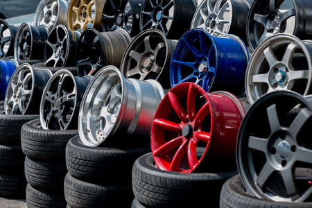 Car sport rims and tyres shown at tyre shop.の写真素材