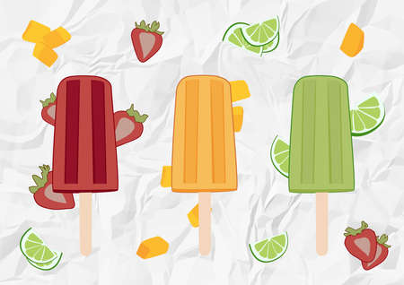 Vector illustration of ice creams. Fruits flavour. Healthy summer concept.
