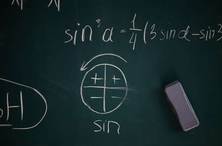 Mathematical formulas on a green school boardの写真素材