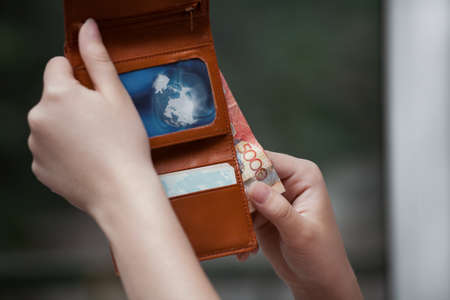 brown wallet on woman hand over green background