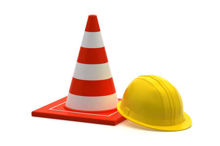 traffic cone and worker Construction Helmet isolated on white background - 3d renderinの写真素材