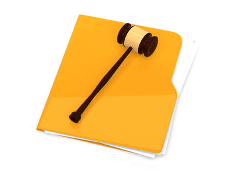 Yellow folder with judge gavel on it - isolated on white background - 3d renderingの写真素材
