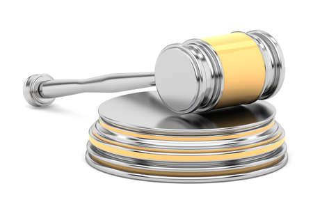 steel gavel and soundboard - with golden insertions - on white background  LAW concept - 3d renderingの写真素材