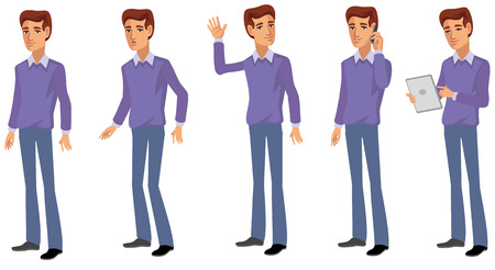 flat man holds phone and tabletのイラスト素材