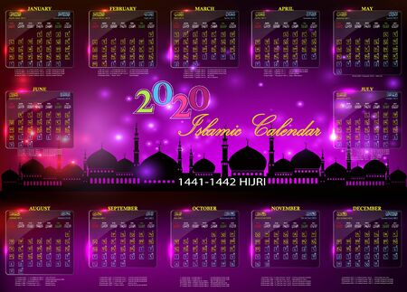 hijri calendar 2020 with mosque silhouette background, 1441-1442 hijriのイラスト素材