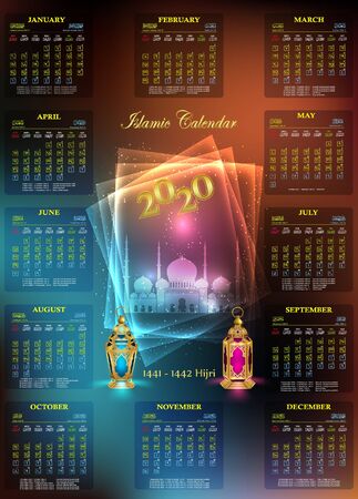 islamic calendar 2020 with light lantern and mosque backgroundのイラスト素材